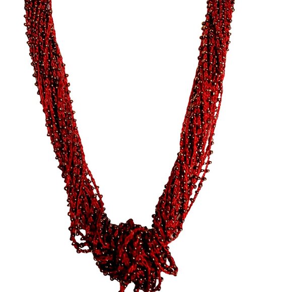 Multi Strand Crocheted Bead Necklace Boho Twisted Gold tone Metal Red 24" - Picture 3 of 5